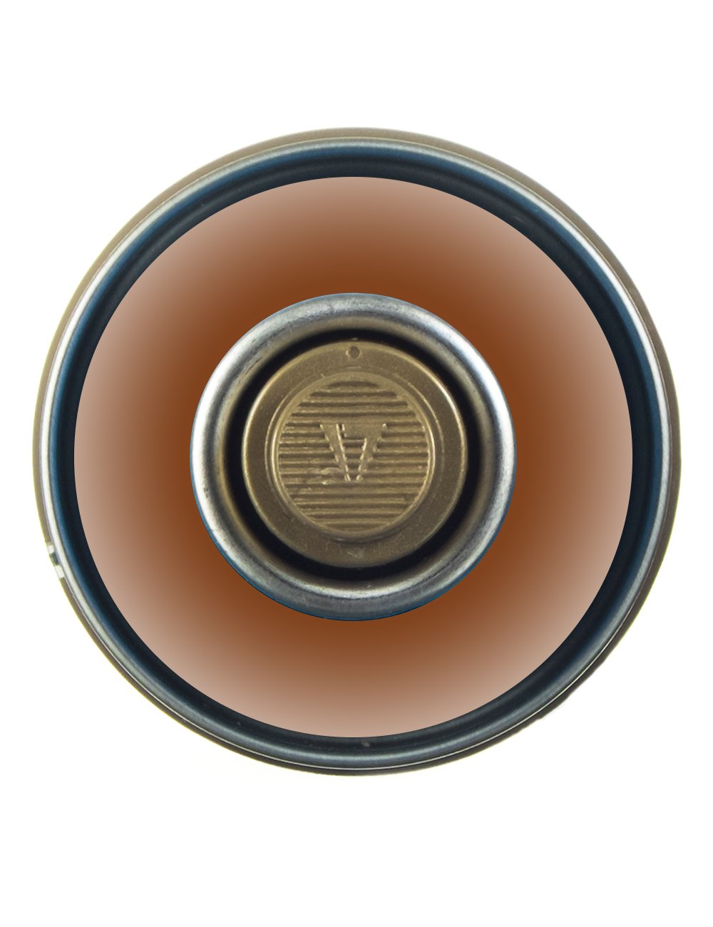 Spray paint can top view with transparent hazelnut cap and blue rim