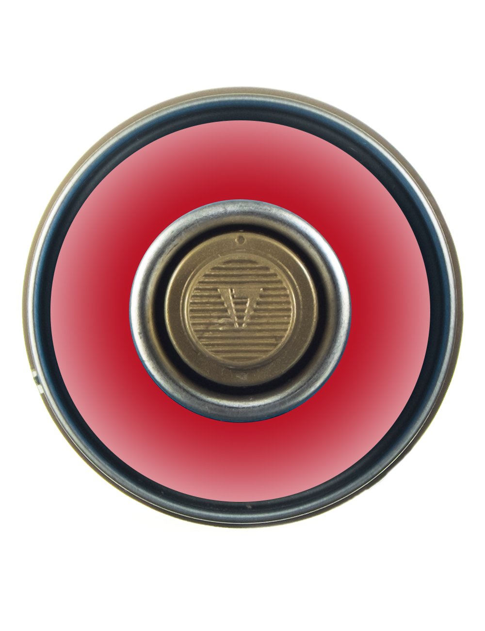 Transparent ketchup spray paint nozzle top with circular metal cap and central valve