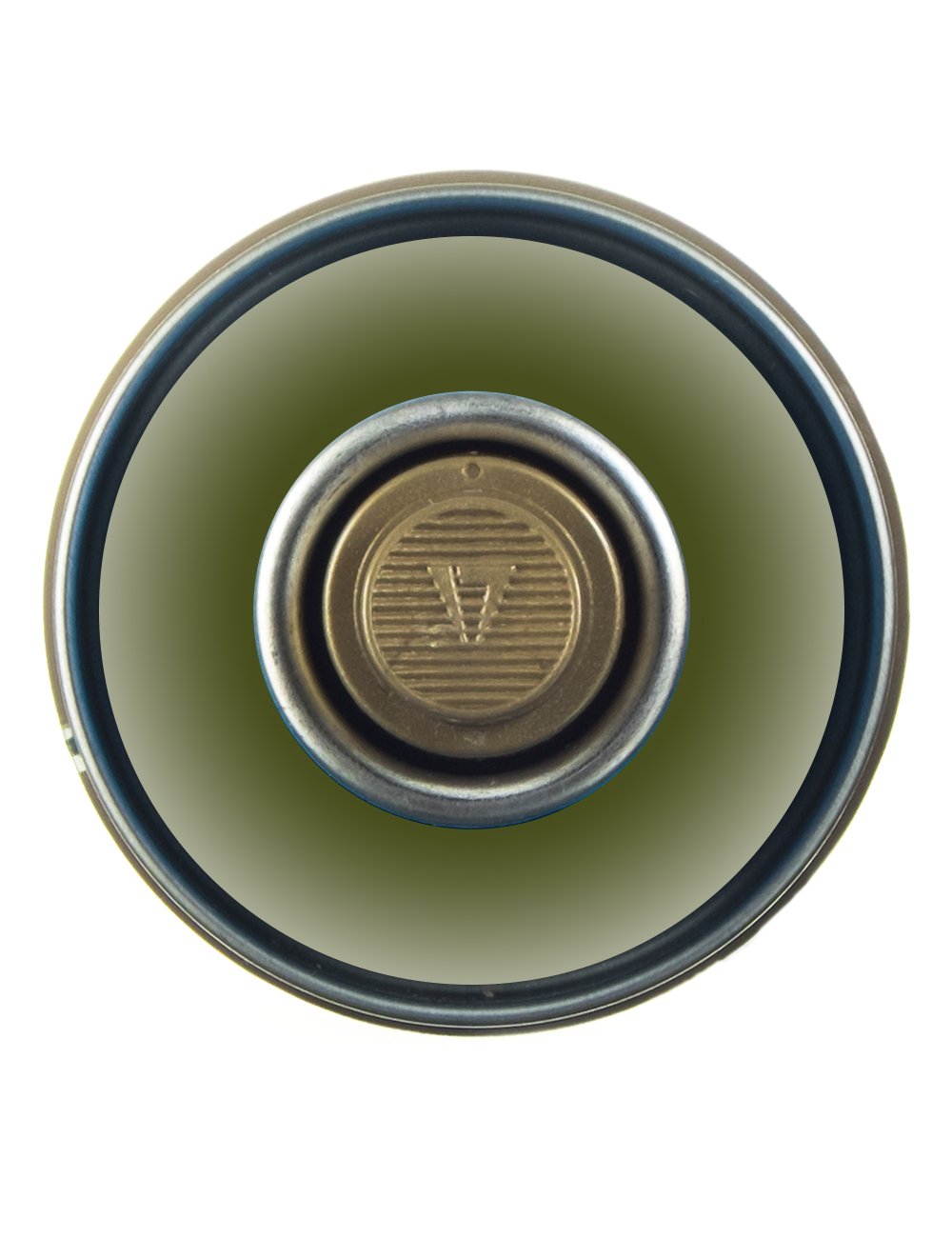 Spray paint can top view with olive-green nozzle and circular blue-trim opening
