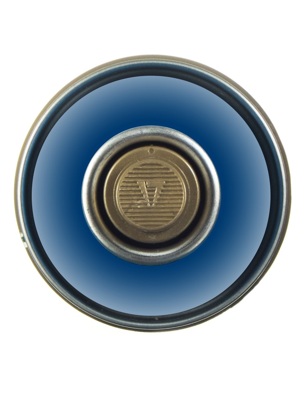 Spray paint can cap viewed from above, transparent ultramarine blue, gold center