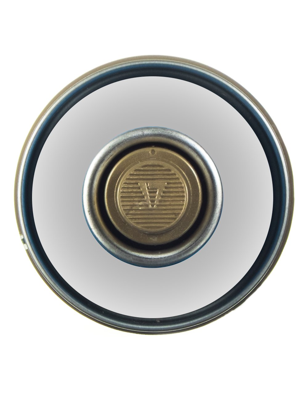 Spray paint can valve top with gold insert and dark nozzle ring