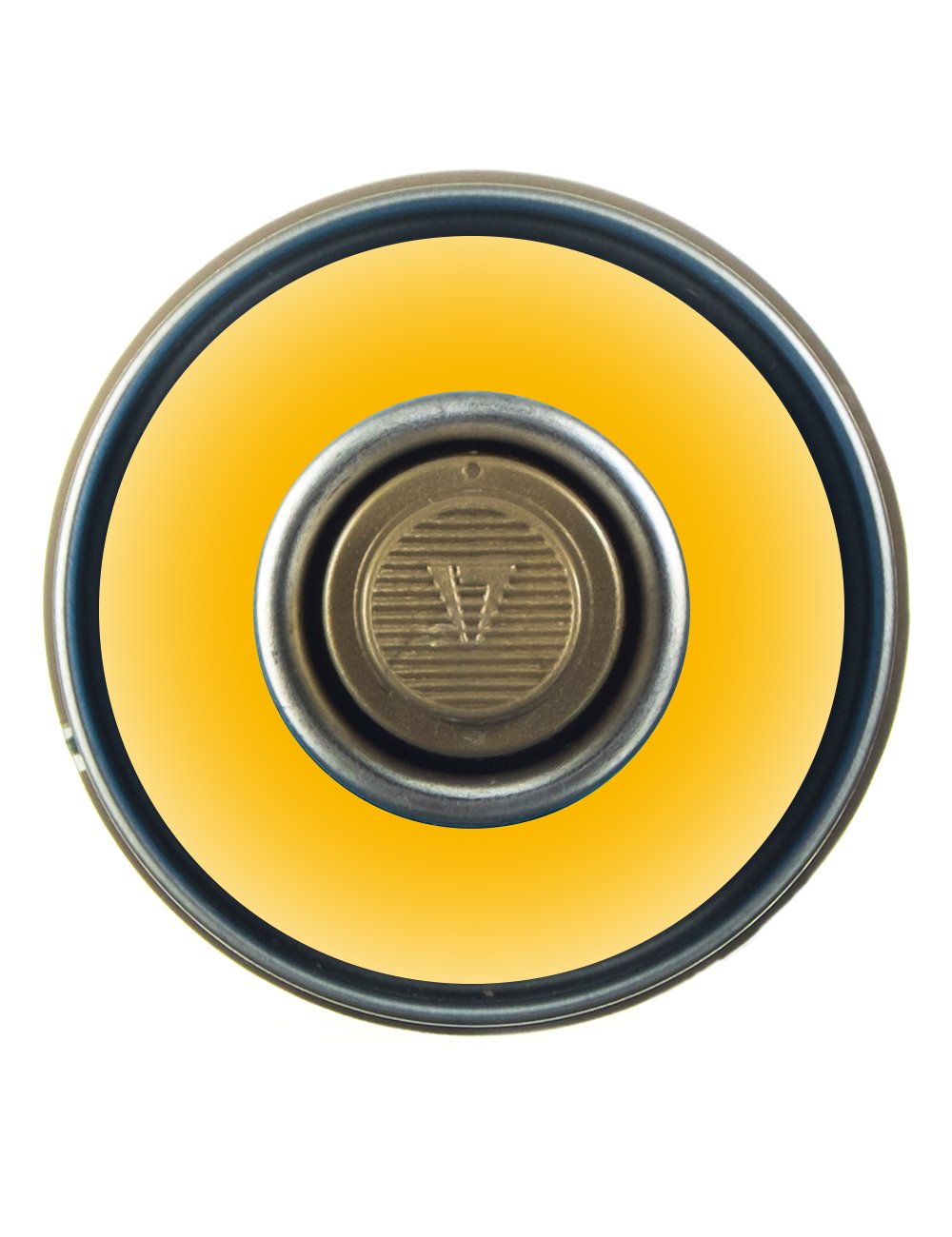 Spray paint can top view with yellow spray cap and circular valve