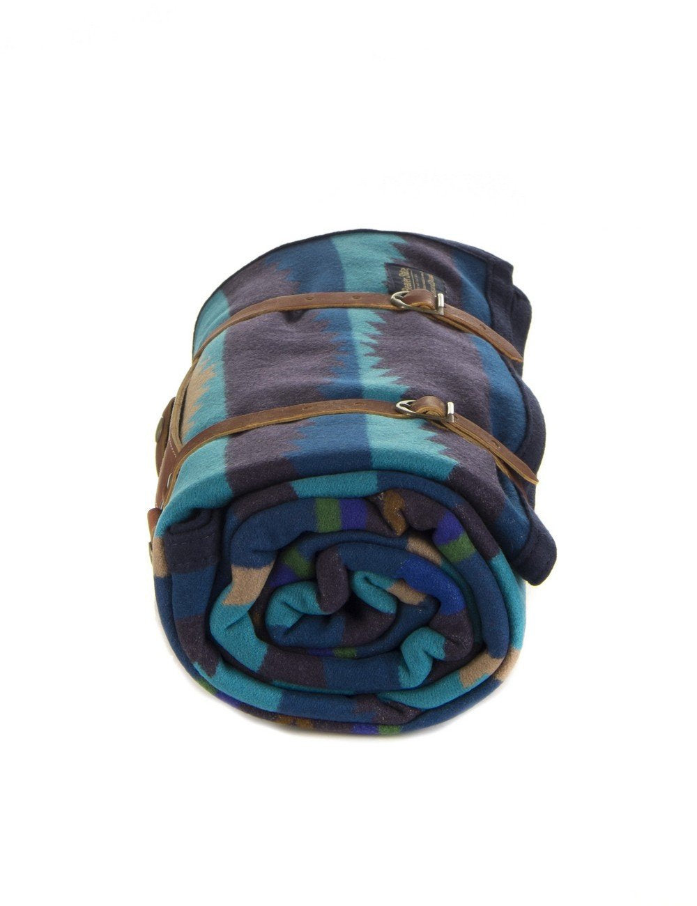 Rolled jacquard robe carrier with blue and teal striped pattern, brown leather buckle strap