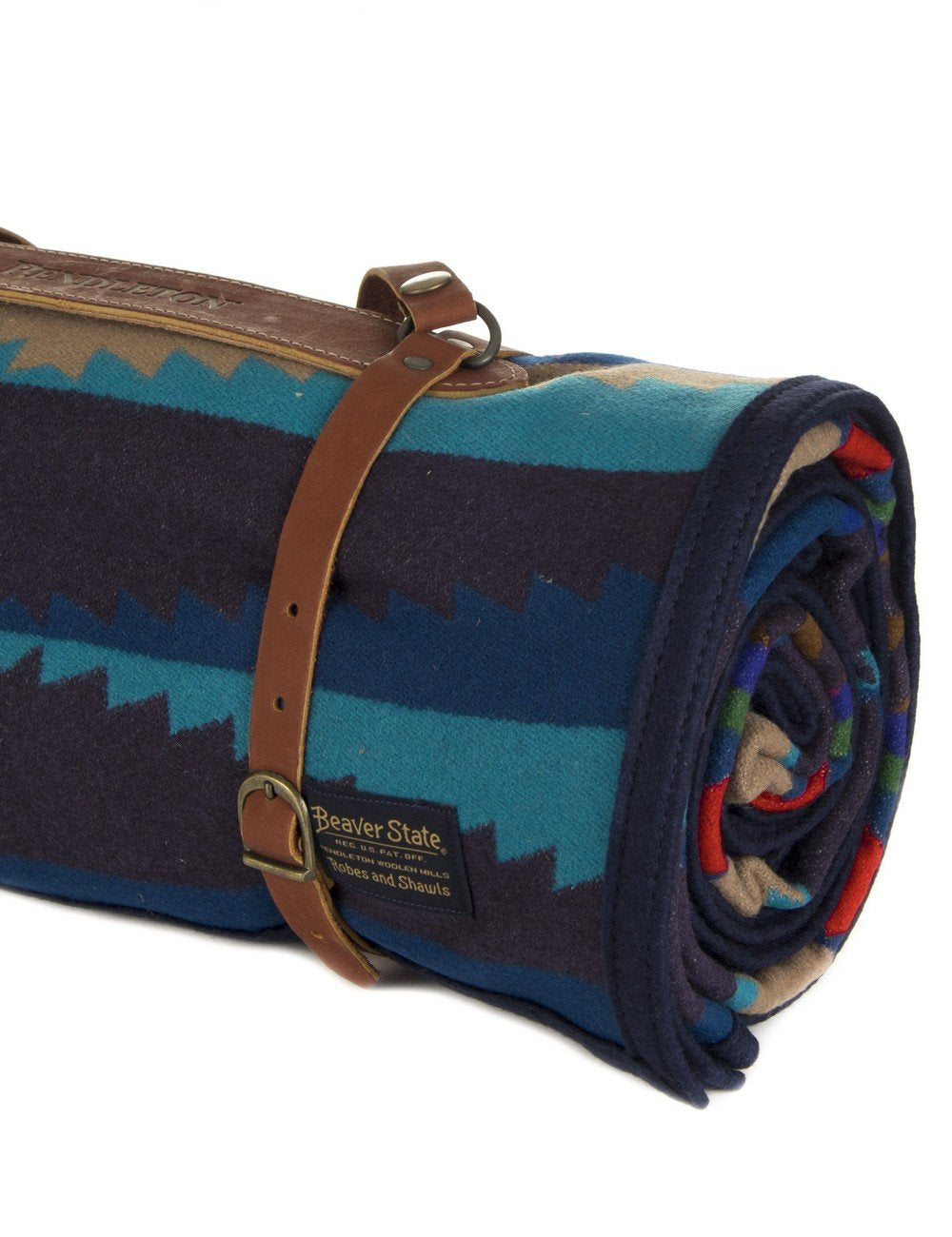 Jacquard robe carrier detail: blue teal geometric stripes, brown leather strap with logo