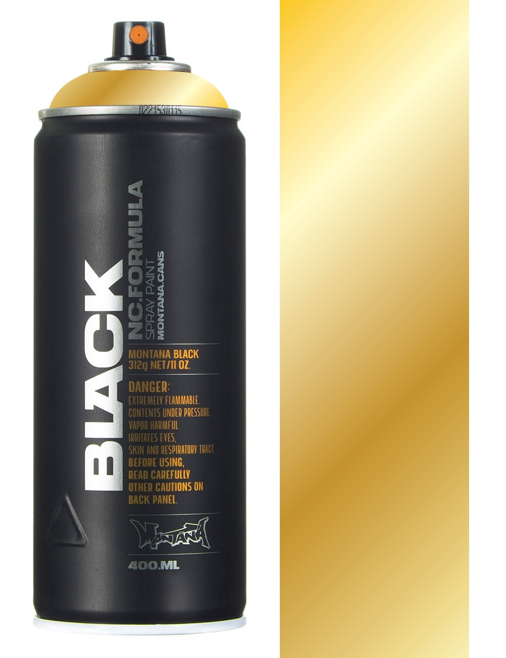 Gold chrome spray paint can, black body with nozzle and label text