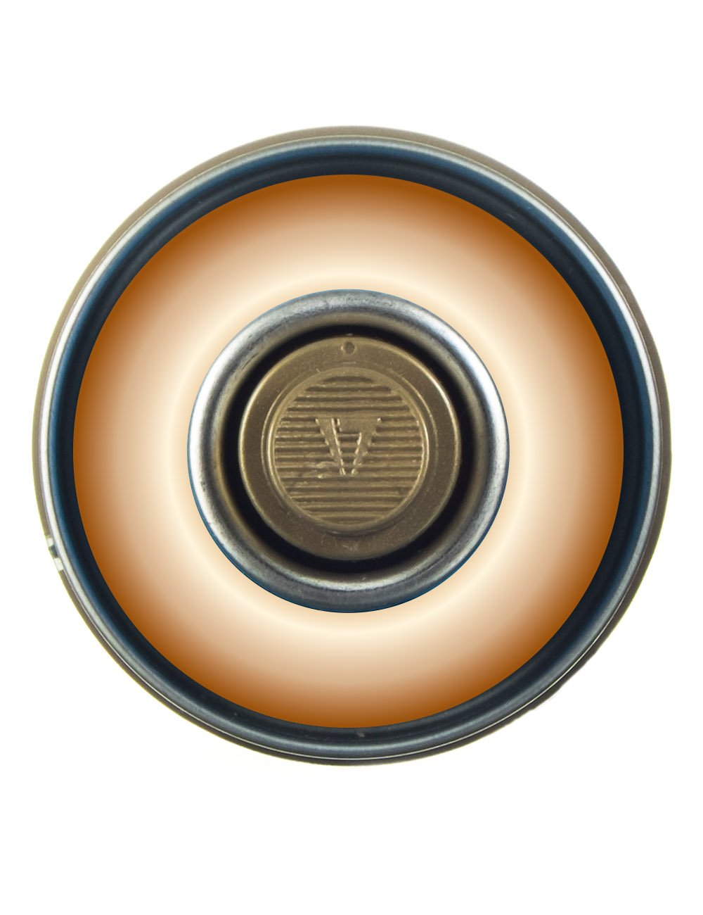 Copper chrome spray paint can cap close-up, showing metallic finish at the nozzle opening