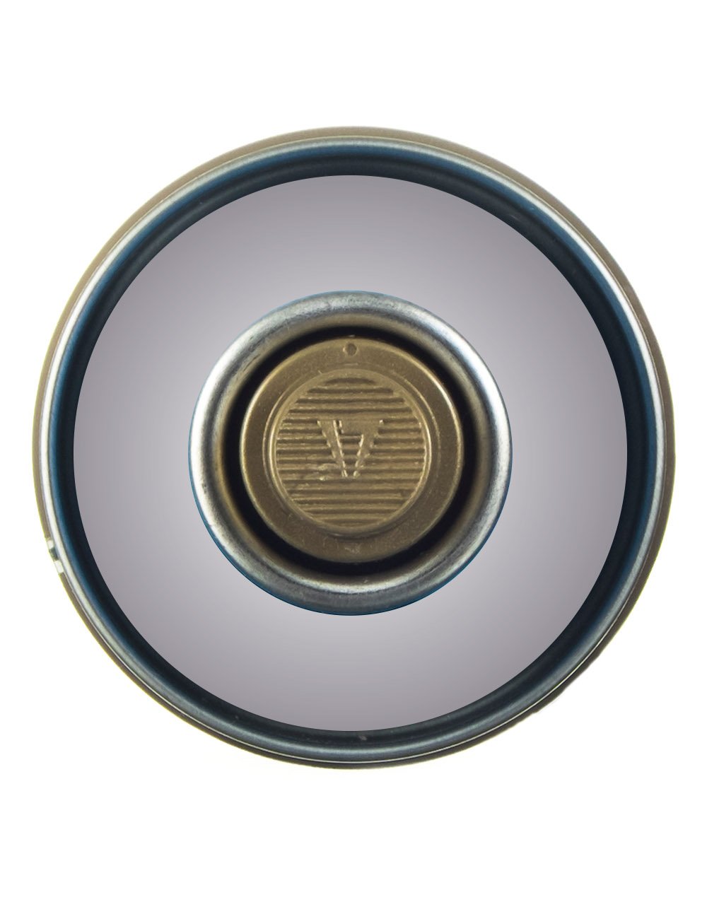 Top view of matt silver spray paint can cap with circular valve