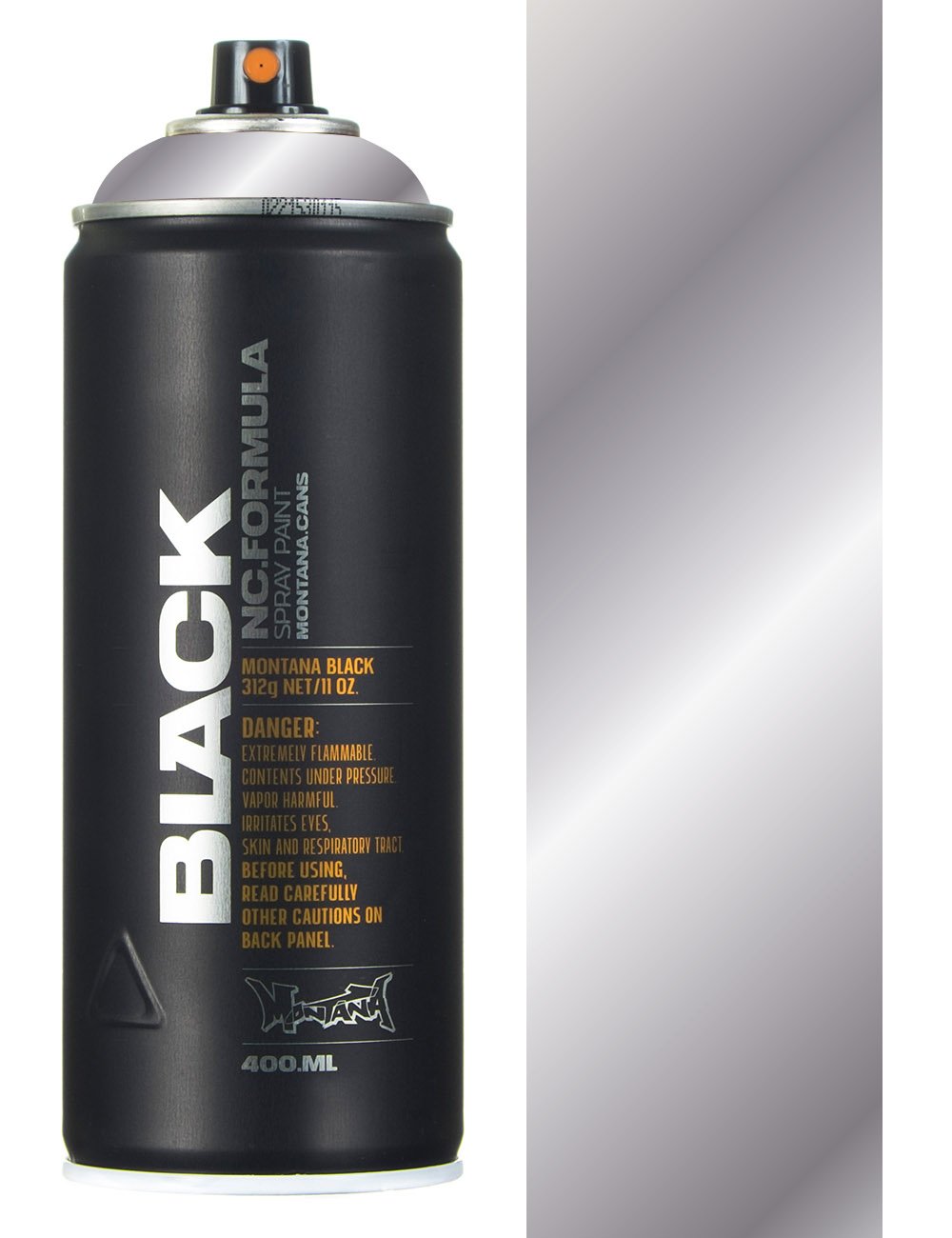 Silver chrome spray paint can, black body with orange-and-black spray nozzle