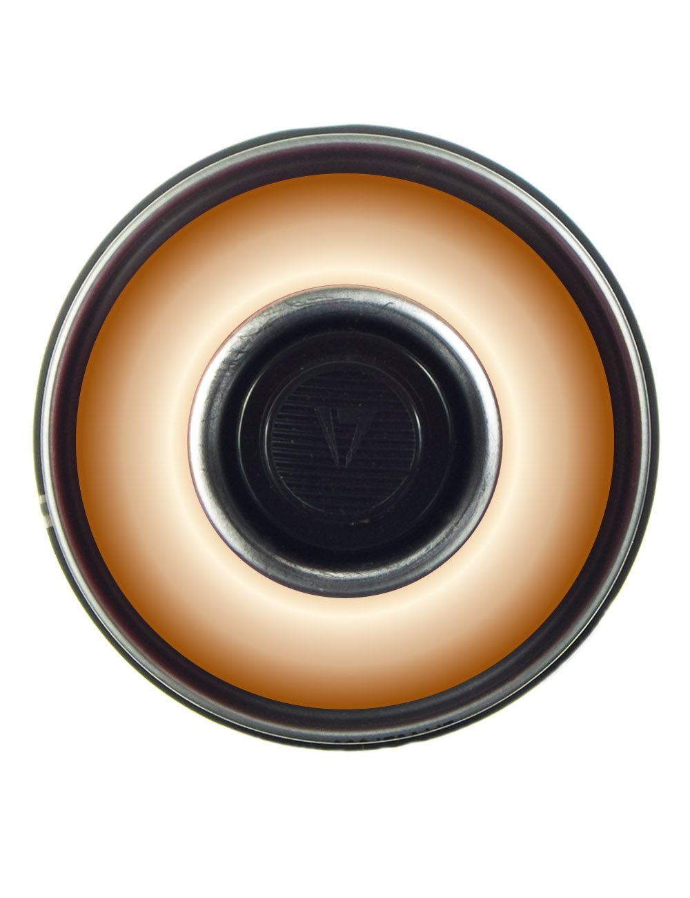 Copper chrome spray paint can top view, orange rim with black center nozzle