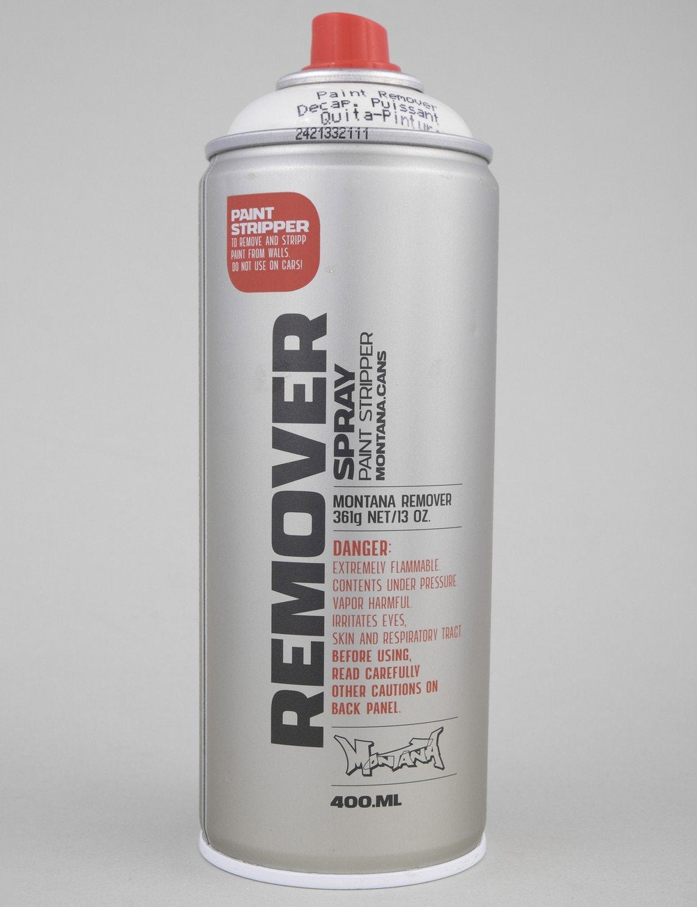 Paint remover spray can with red cap, silver can, RM400 400 ml label front