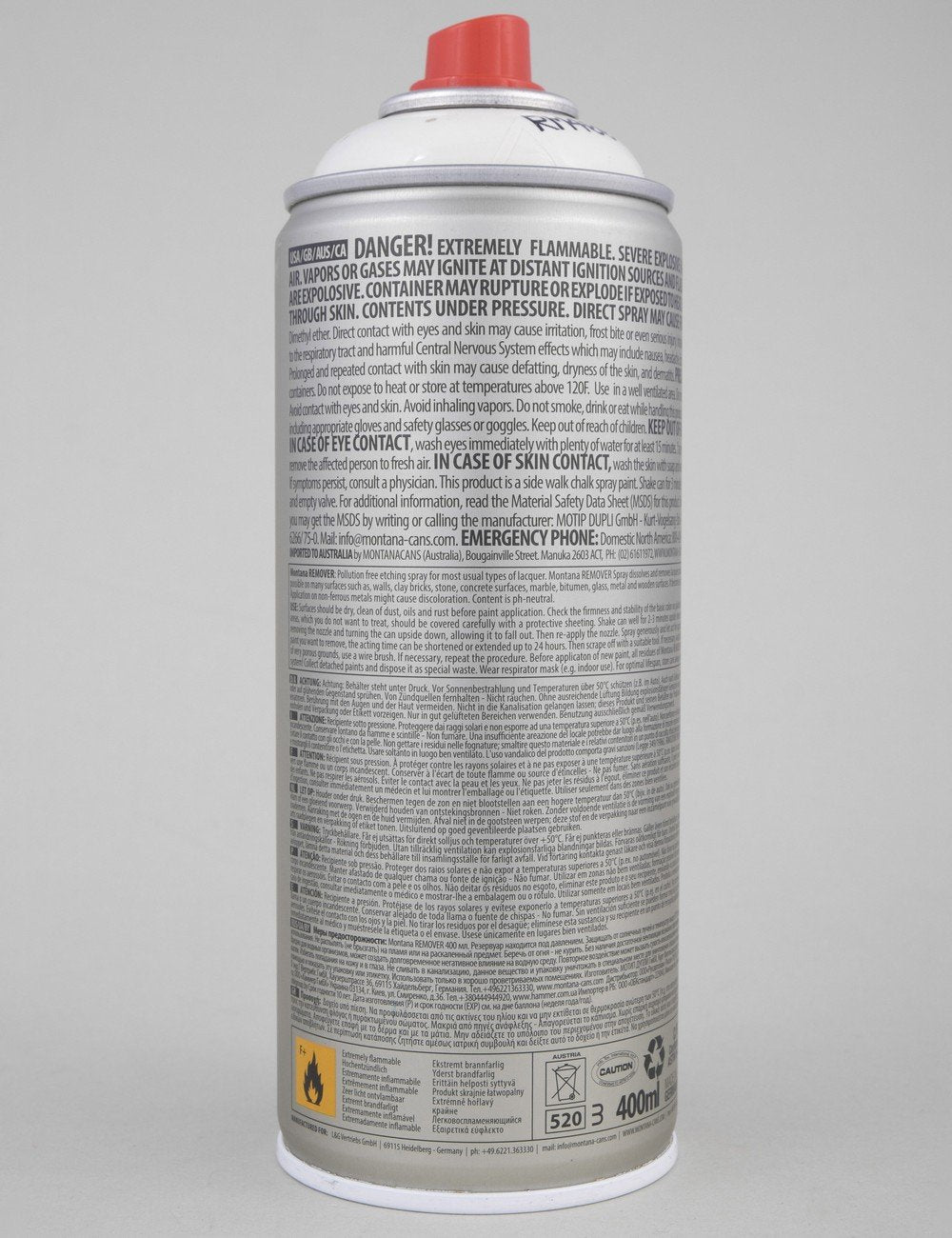 Paint remover spray can, silver body with red cap, RM400 400 ml back label