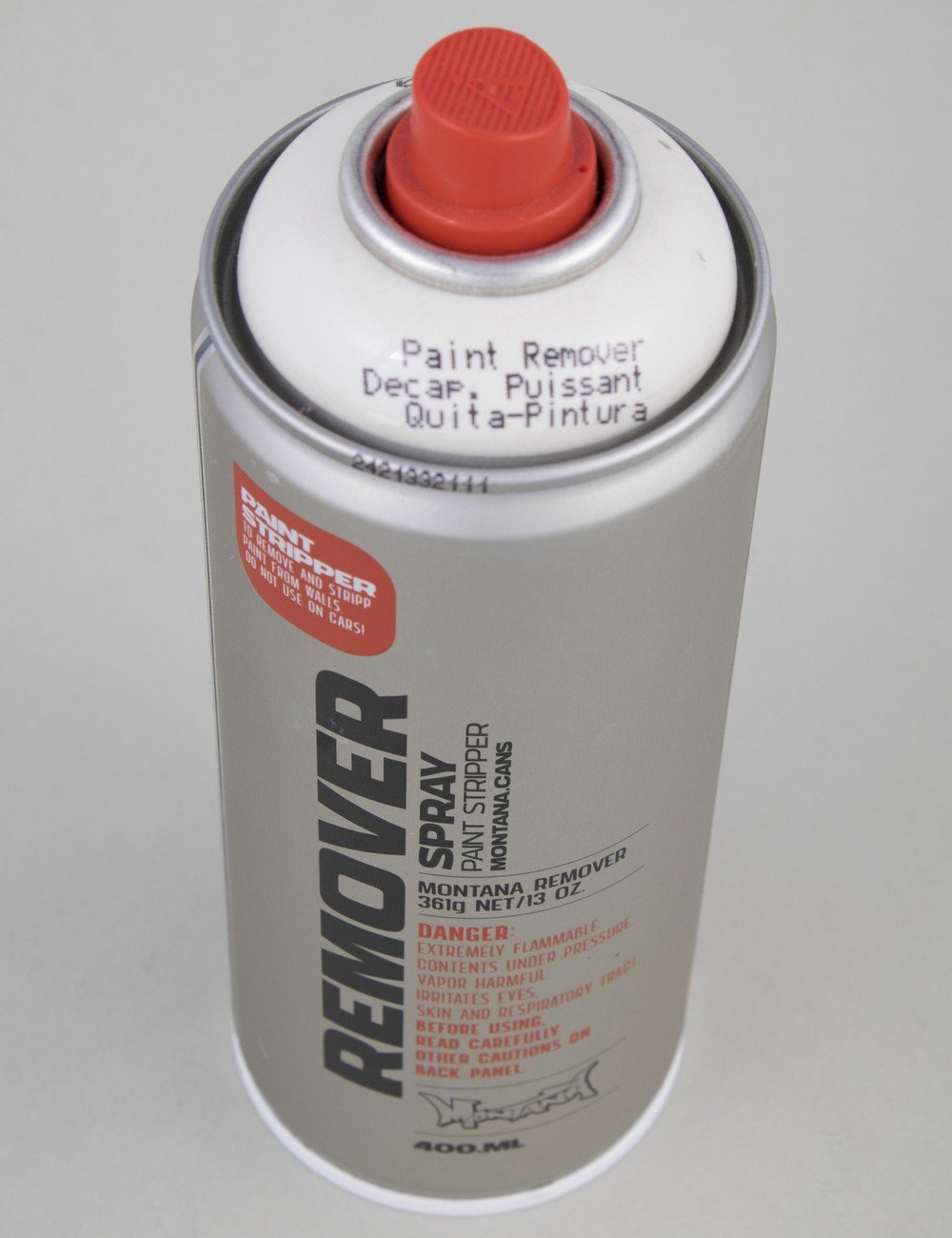 Paint remover spray can with red nozzle cap, silver can, RM400 400 ml label