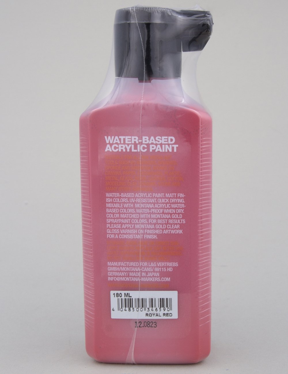 Acrylic paint refill bottle, back label, Royal Red, 180 ml