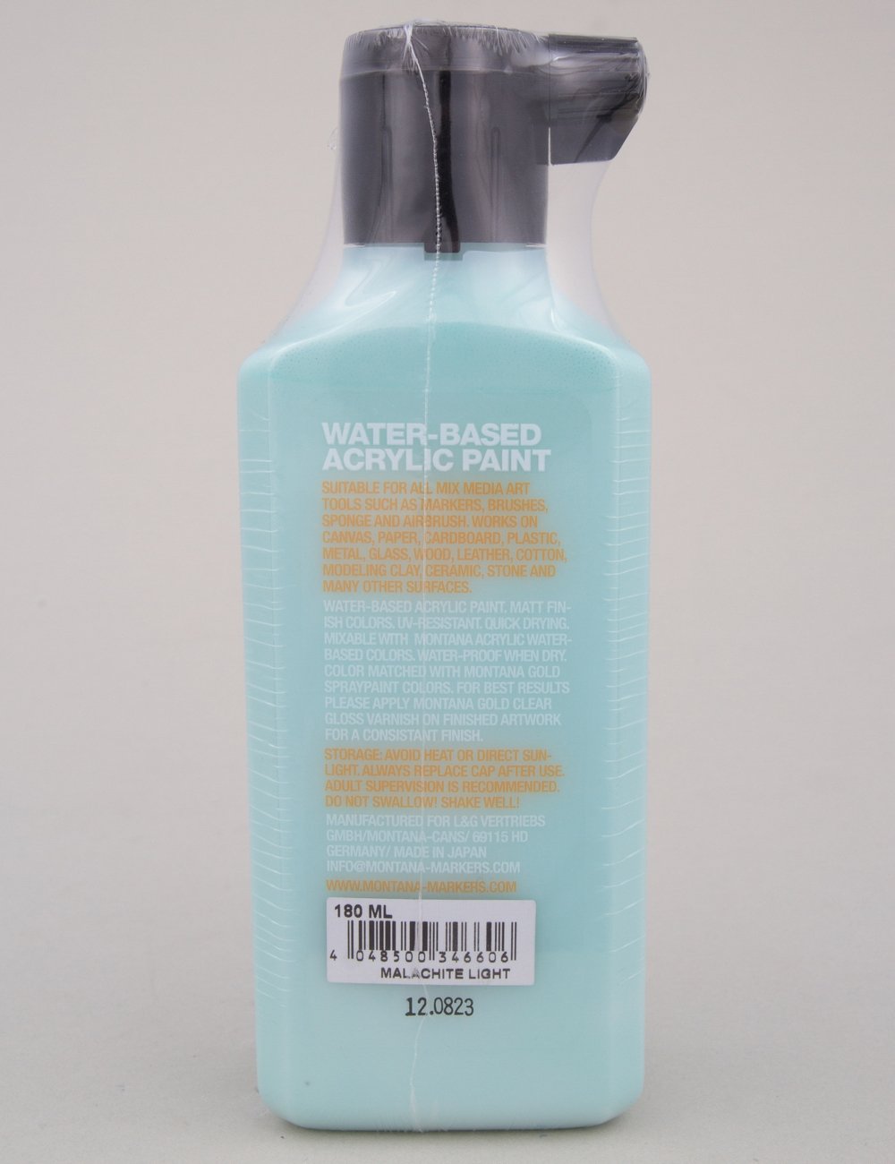 Acrylic paint refill bottle with back label, light malachite green, 180 ml, cap.