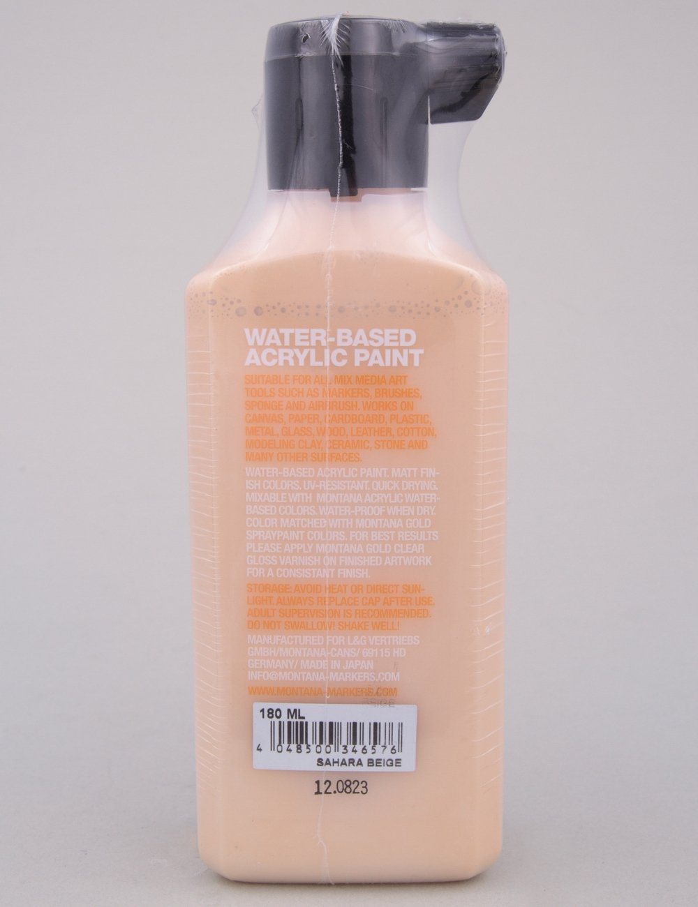 Water-based acrylic paint refill bottle with back label, Sahara beige, 180 ml cap