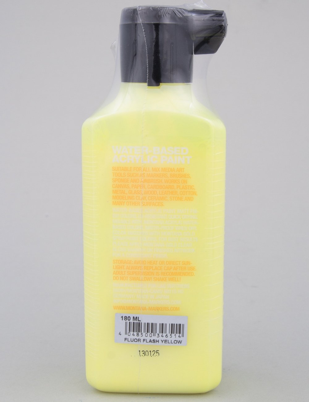 180ml fluorescent flash yellow acrylic paint refill bottle, barcode label on back