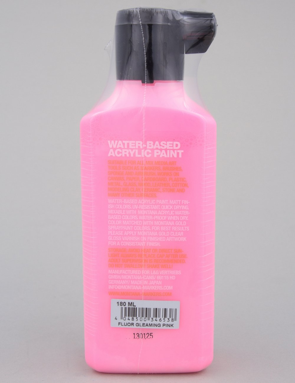 Fluorescent acrylic paint refill bottle, pink with cap and back label
