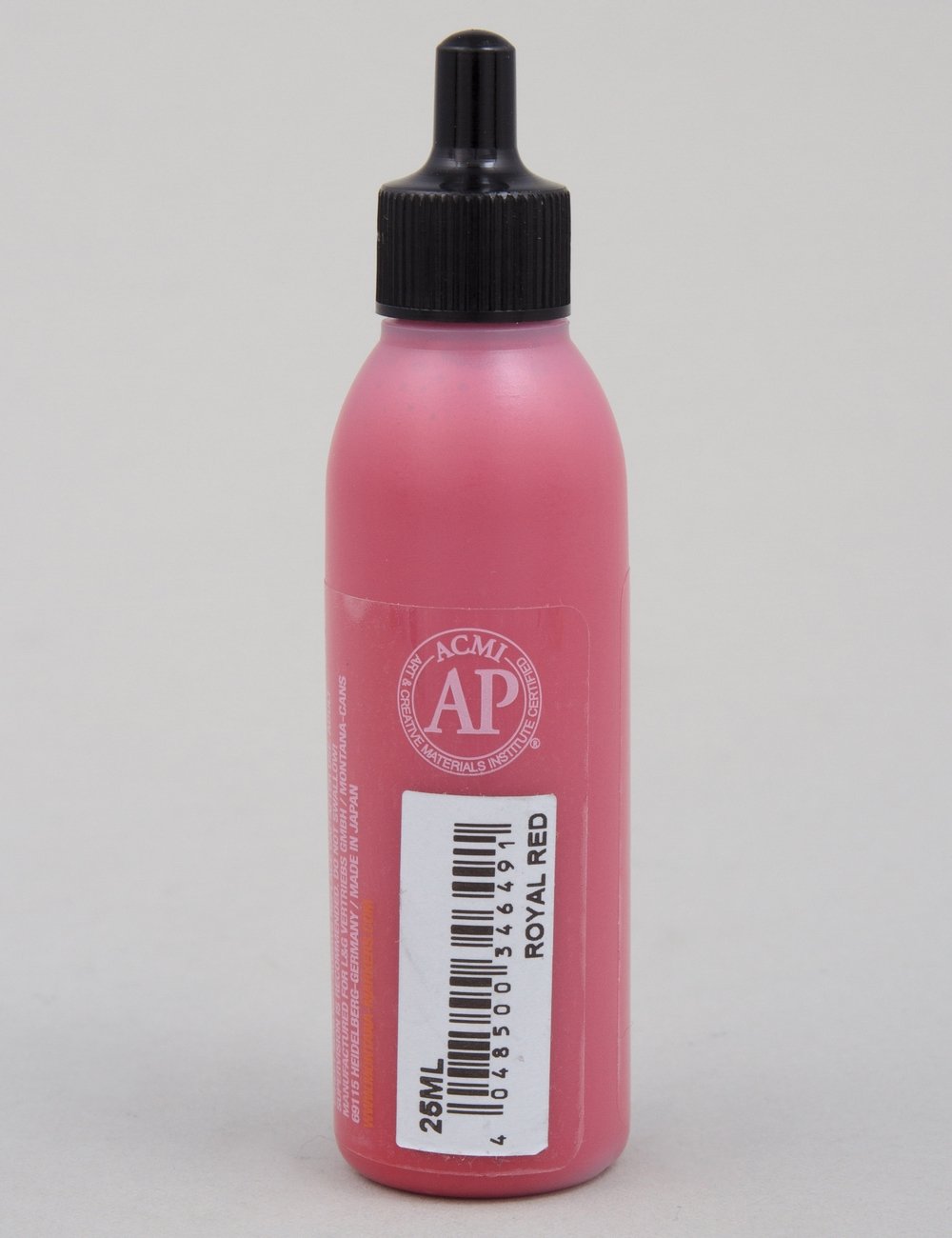 Acrylic paint refill bottle with black cap, barcode label, Royal Red, 25ml