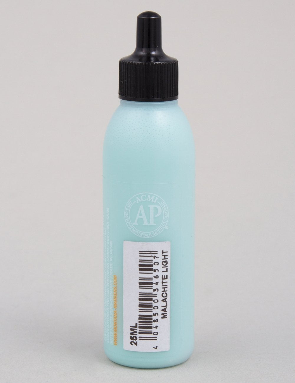 Acrylic paint refill bottle, light aqua, barcode label and 25ml text, black cap