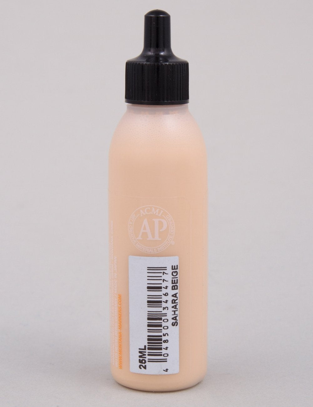 Acrylic paint refill bottle back, 25ml Sahara beige, barcode label and black cap