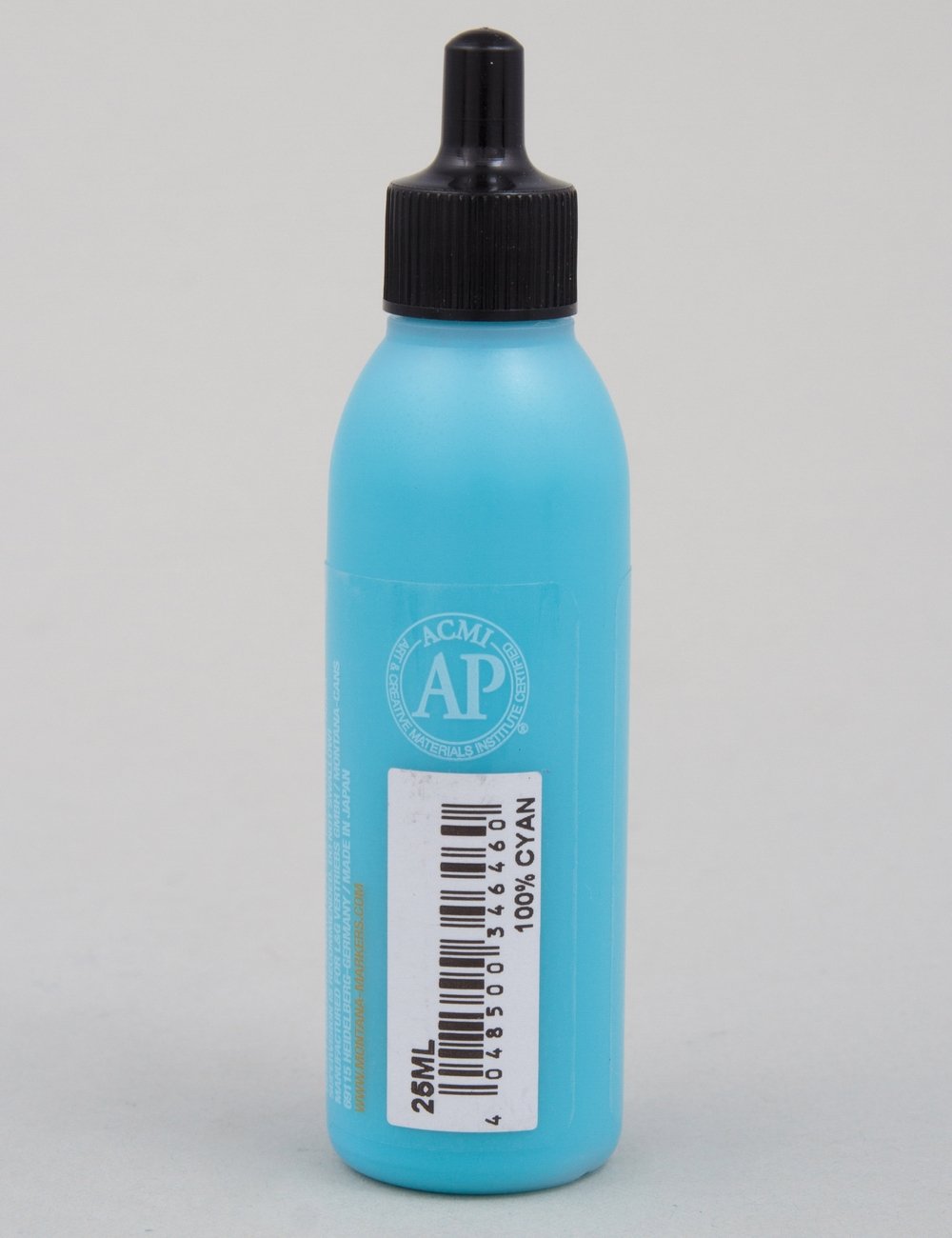 Cyan acrylic paint refill bottle with black screw cap, barcode and back label, 25 mL