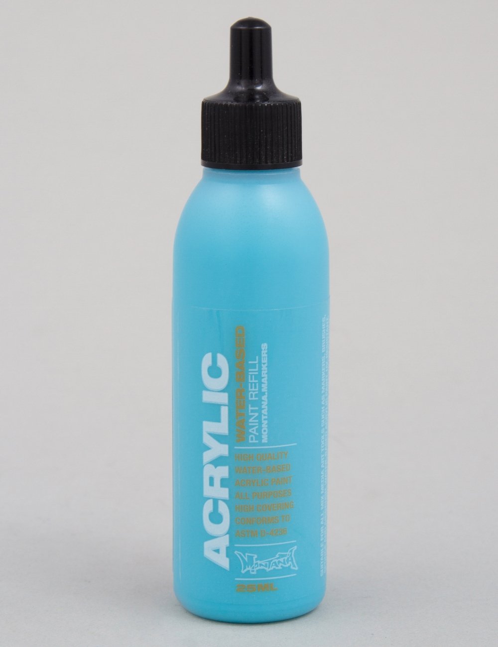 Cyan acrylic paint refill bottle with black screw cap and front label, 25 mL