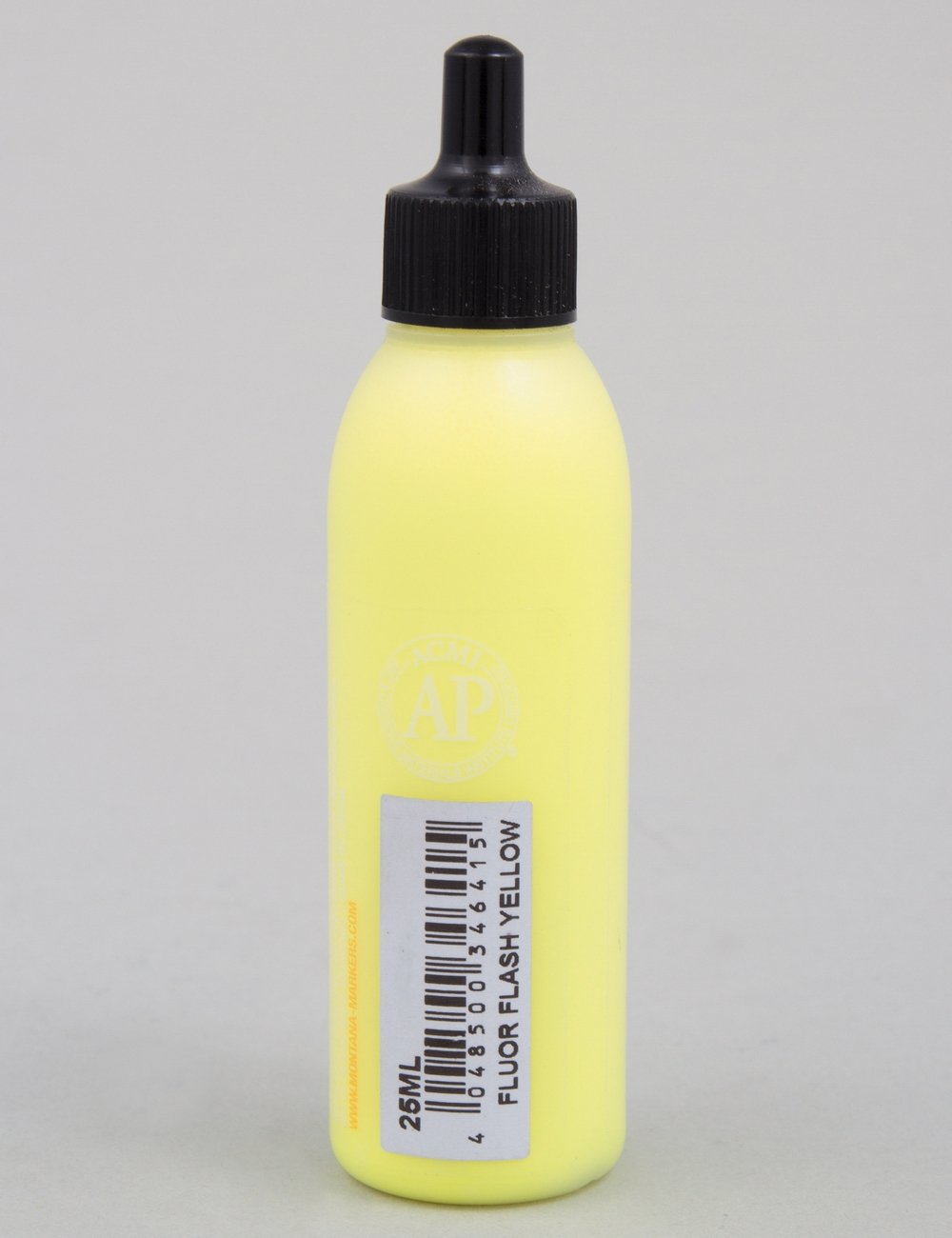 Fluorescent yellow acrylic paint refill bottle with black dropper cap