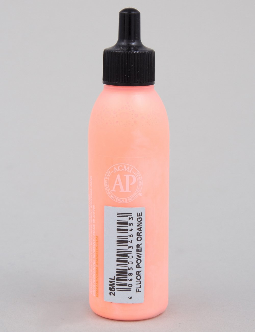 Acrylic paint refill bottle, 25ml, fluorescent power orange with barcode label and black cap.