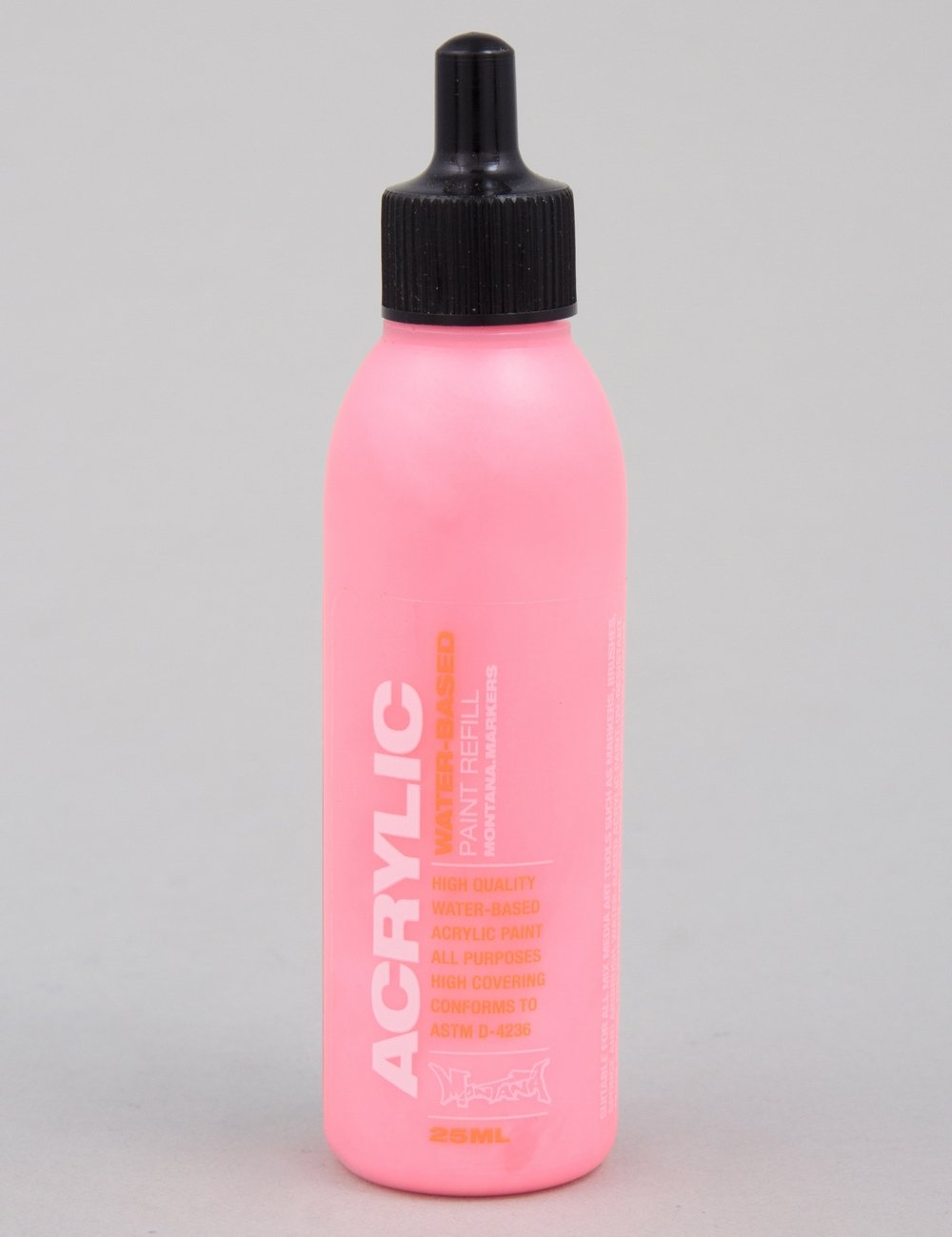 Acrylic paint refill bottle, fluorescent red, with black screw cap and front label