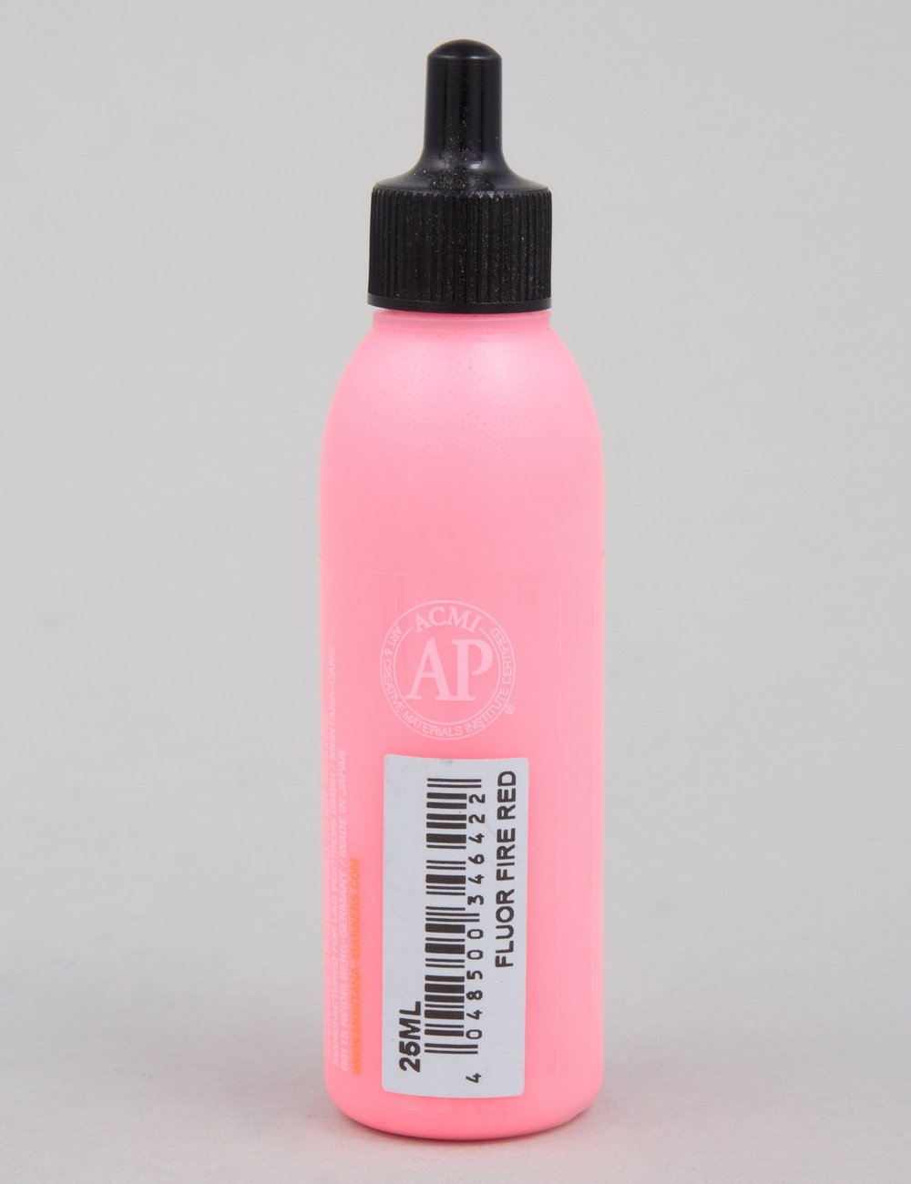 Acrylic paint refill bottle, fluorescent red, back label with barcode and black screw cap