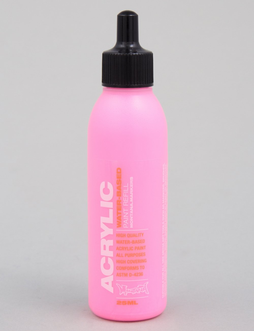 Fluorescent acrylic paint refill bottle, 25ml, bright gleaming pink, black flip cap