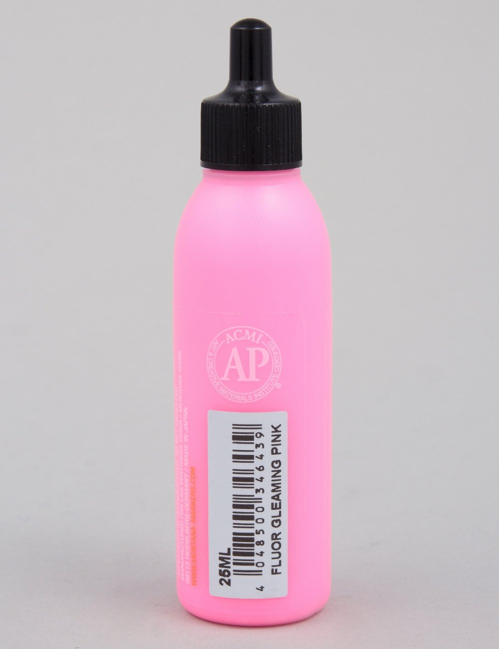 Fluorescent acrylic paint refill bottle, 25ml, bright pink, barcode side with nozzle cap