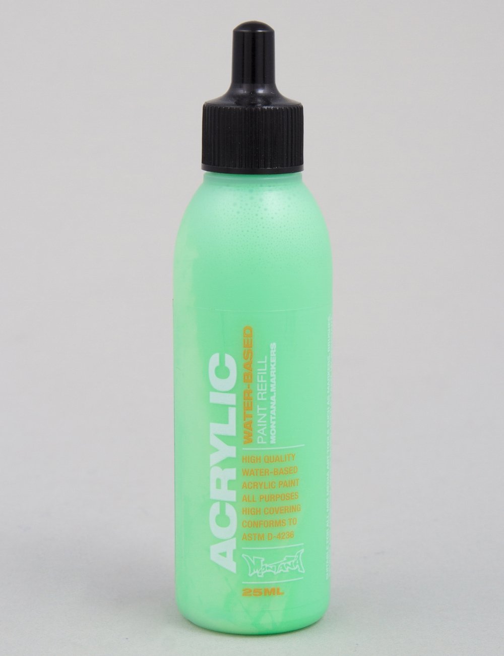 Acrylic paint refill bottle, 25ml, fluorescent acid green, screw cap.