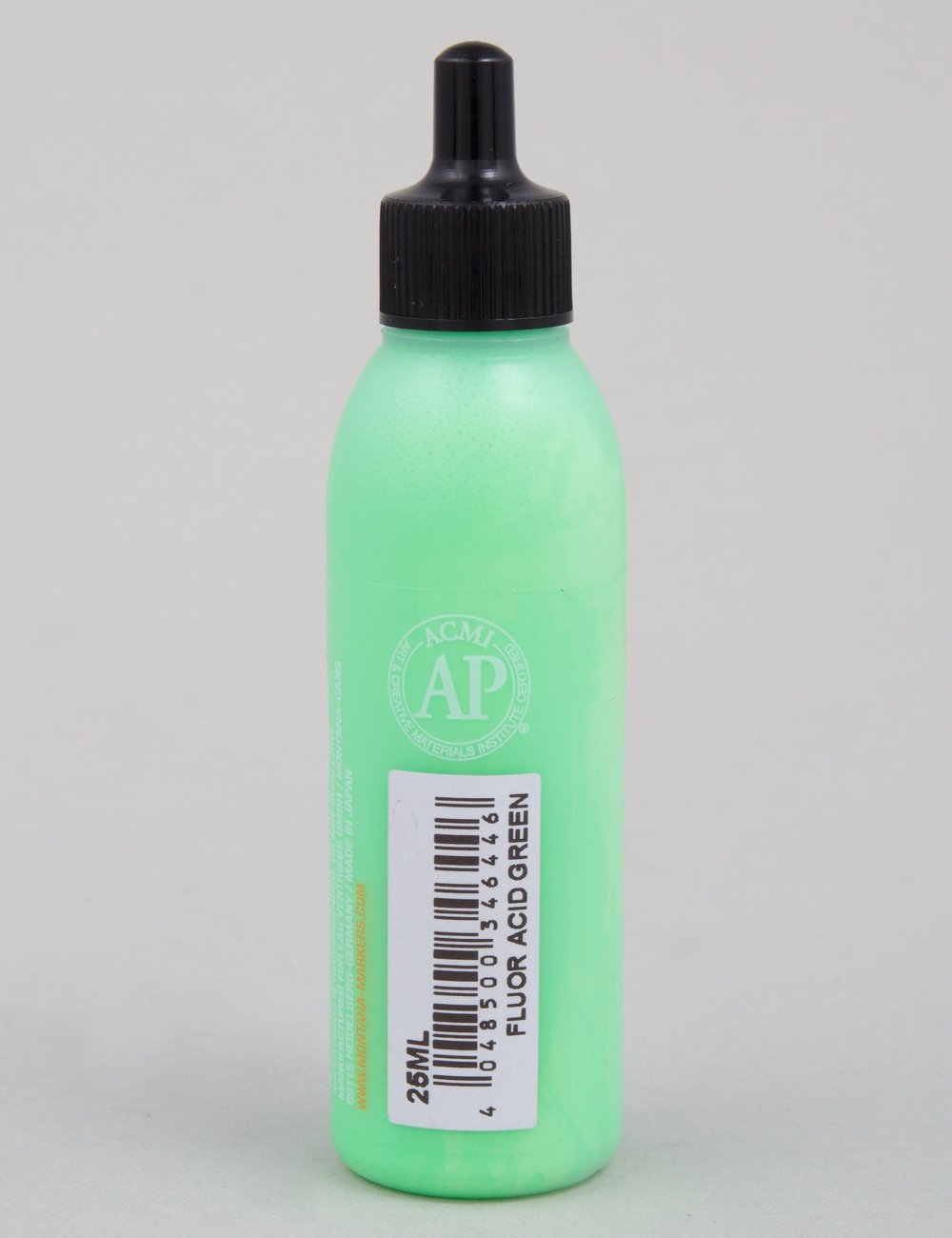 Acrylic paint refill bottle, 25ml, fluorescent acid green, back label and barcode.
