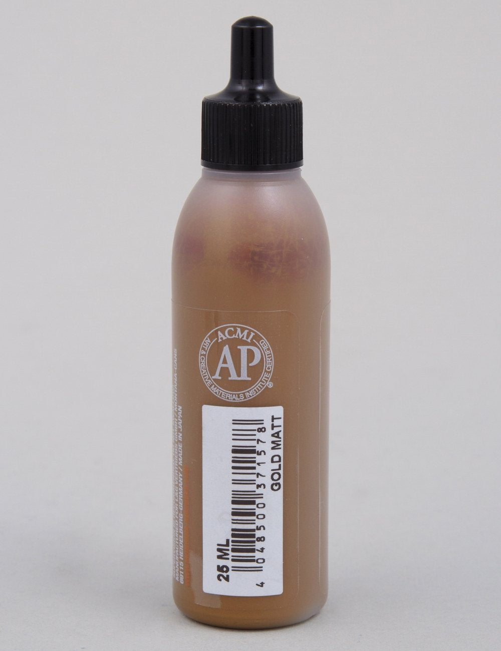Acrylic paint refill bottle label view, gold matt acrylic, 25 ml, black cap