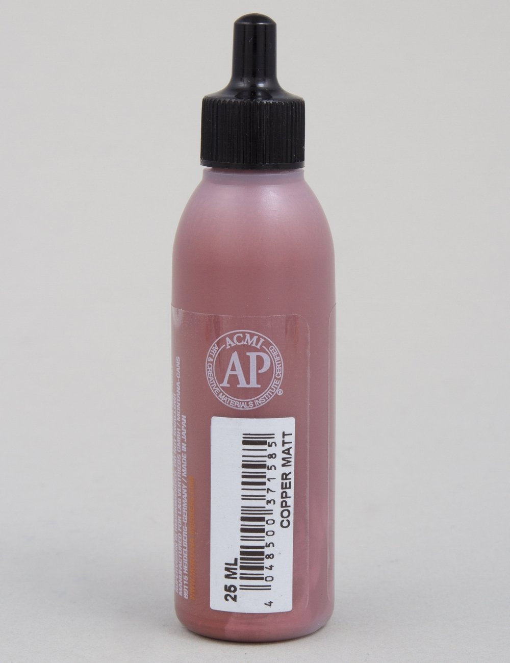 Acrylic paint refill bottle with dropper cap, copper matt, back label and barcode.