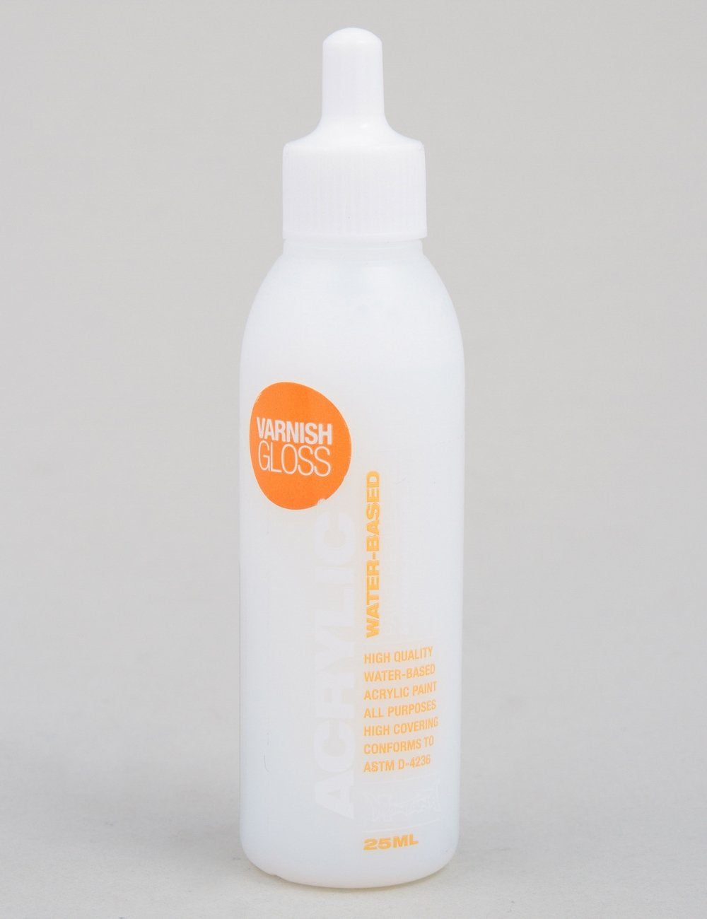 Gloss varnish acrylic paint refill bottle, 25ml, white plastic with orange front label