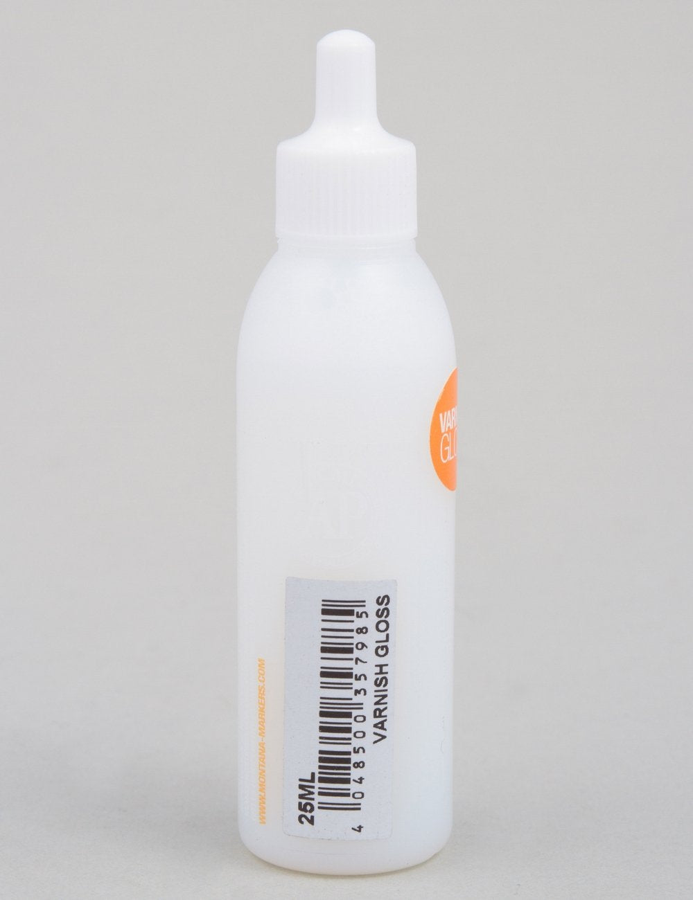 Gloss varnish acrylic paint refill bottle, 25ml, back view with barcode label
