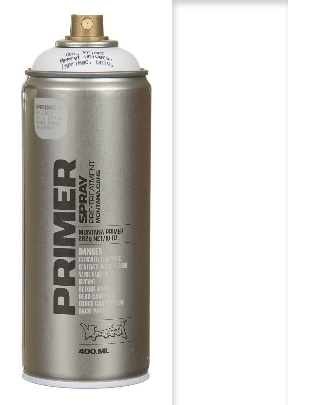 Primer spray paint can, metallic gray with front label and 400 ml mark