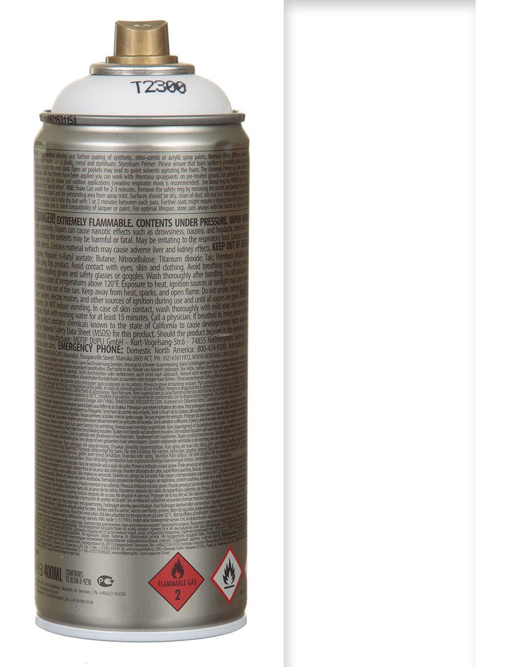 Primer spray paint can, metallic gray with back label text and hazard symbols