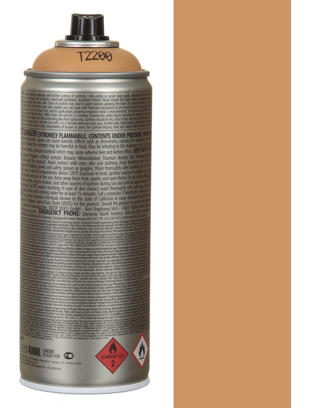 Primer spray paint can, 400 ml, silver with text, black cap and safety icons