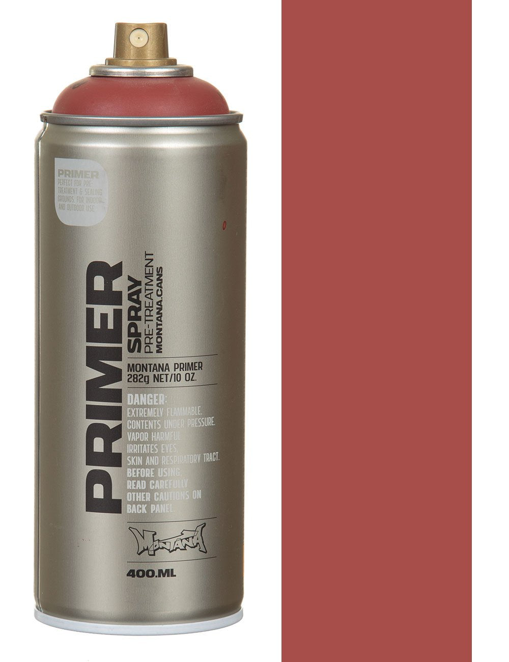 Primer spray paint can, silver with red top and spray nozzle