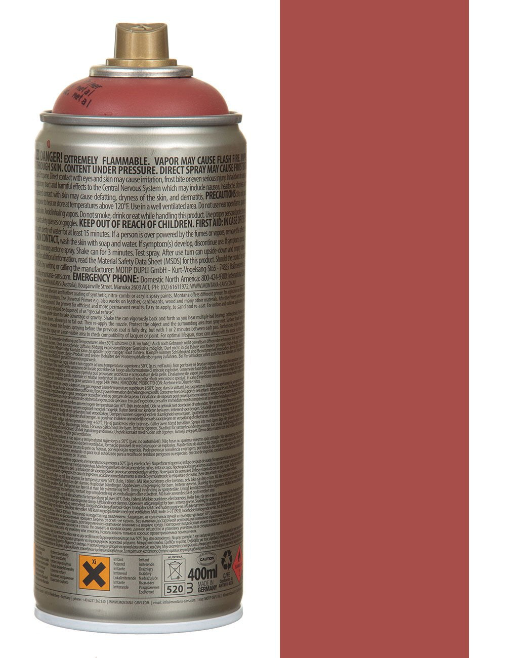 Primer spray paint can with back label, silver body and red top/nozzle
