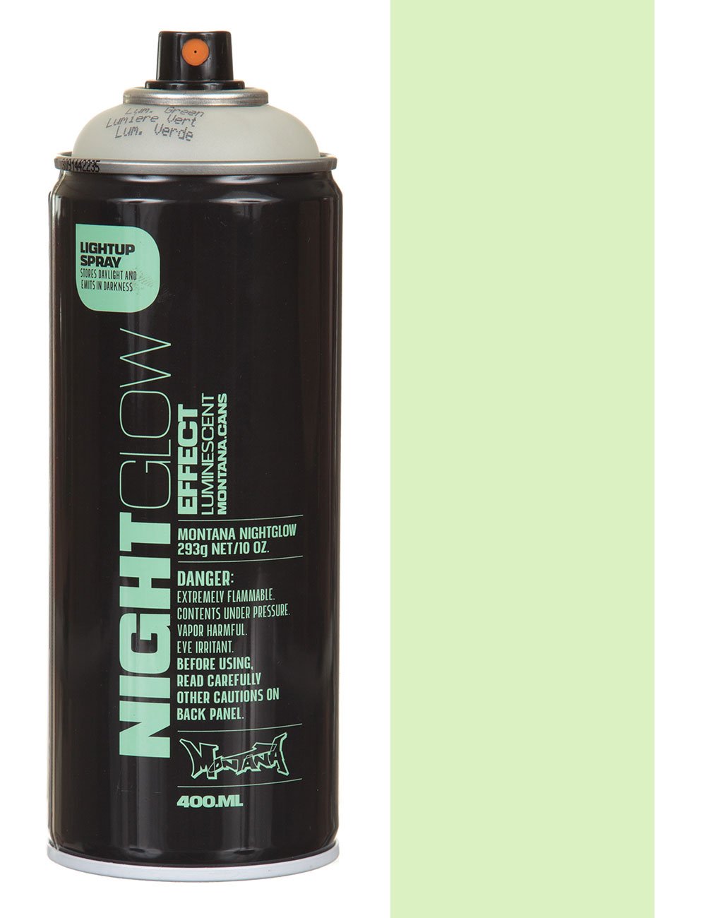 Glow-in-the-dark spray paint can, green, 400 ml, black can with orange cap