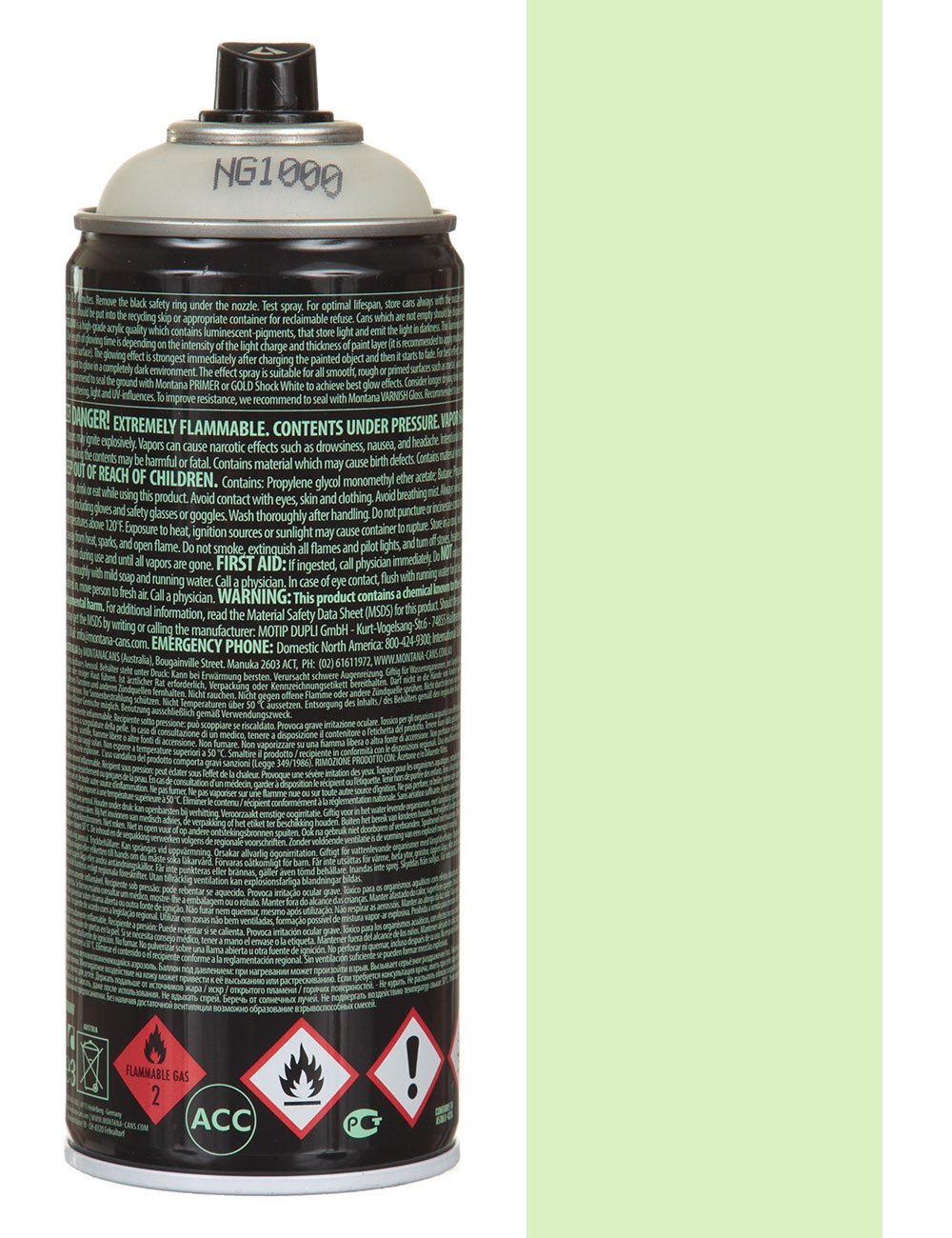 Glow-in-the-dark spray paint can, green, back label with safety icons, 400 ml