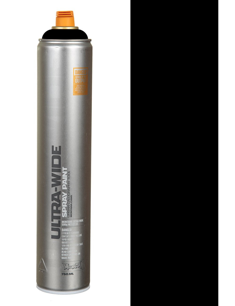 Black ultra wide spray paint can, silver with orange cap and front label