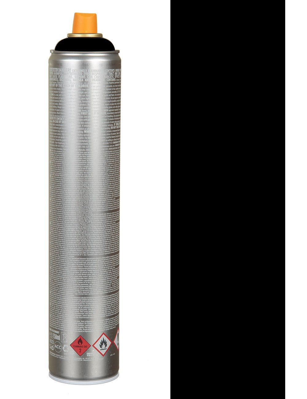 Black ultra wide spray paint can, silver back with warning icons and orange cap