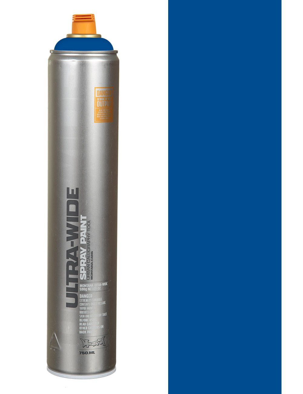 Blue ultra wide spray paint can, 750 ml, metal body with orange nozzle cap