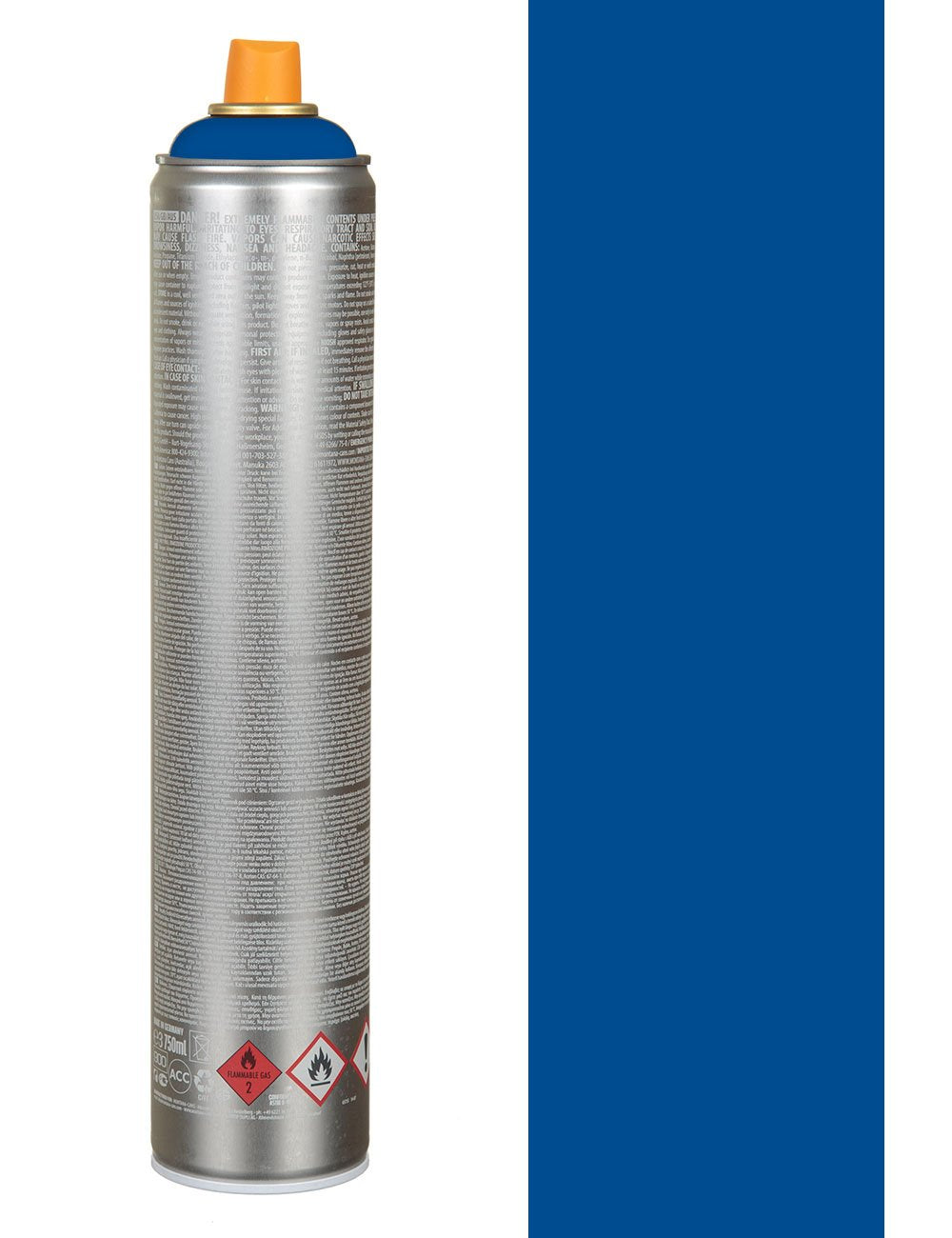 Blue ultra wide spray paint can, 750 ml, metal canister with warning icons on back