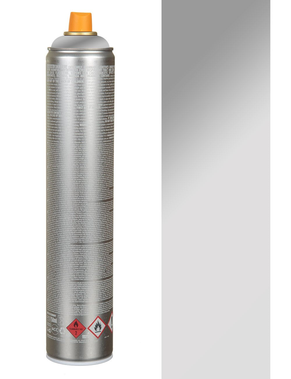 Silver chrome spray paint can, orange top with side label and warning icons